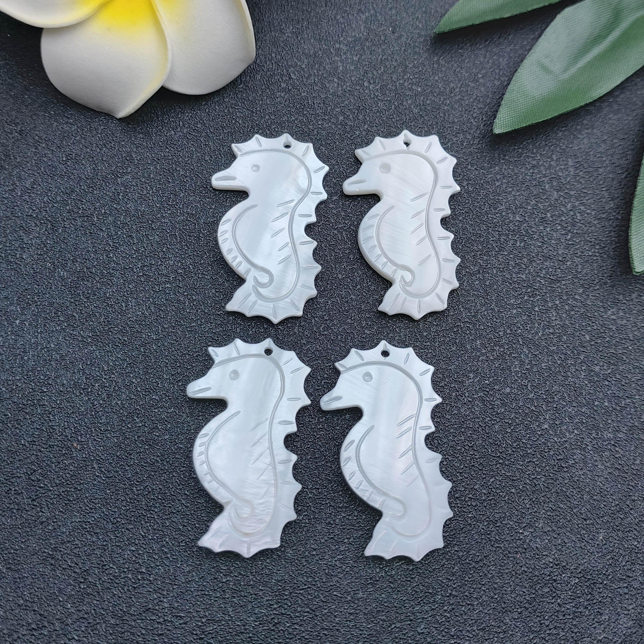 4pcs Natural White Mother of Shell Carved Seahorse Pendants - Hawaiian Ocean Style Lucky Charm Jewelry, Handcrafted with Intricate Detailing