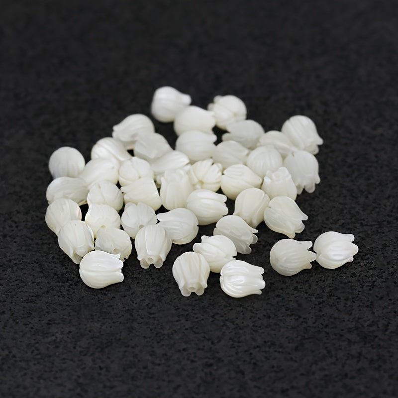 10pcs Natural White MOP Tulip Beads | 8x9mm Carved Flower & Bud Design with Central Hole for DIY Jewelry Making, Beadwork Supplies