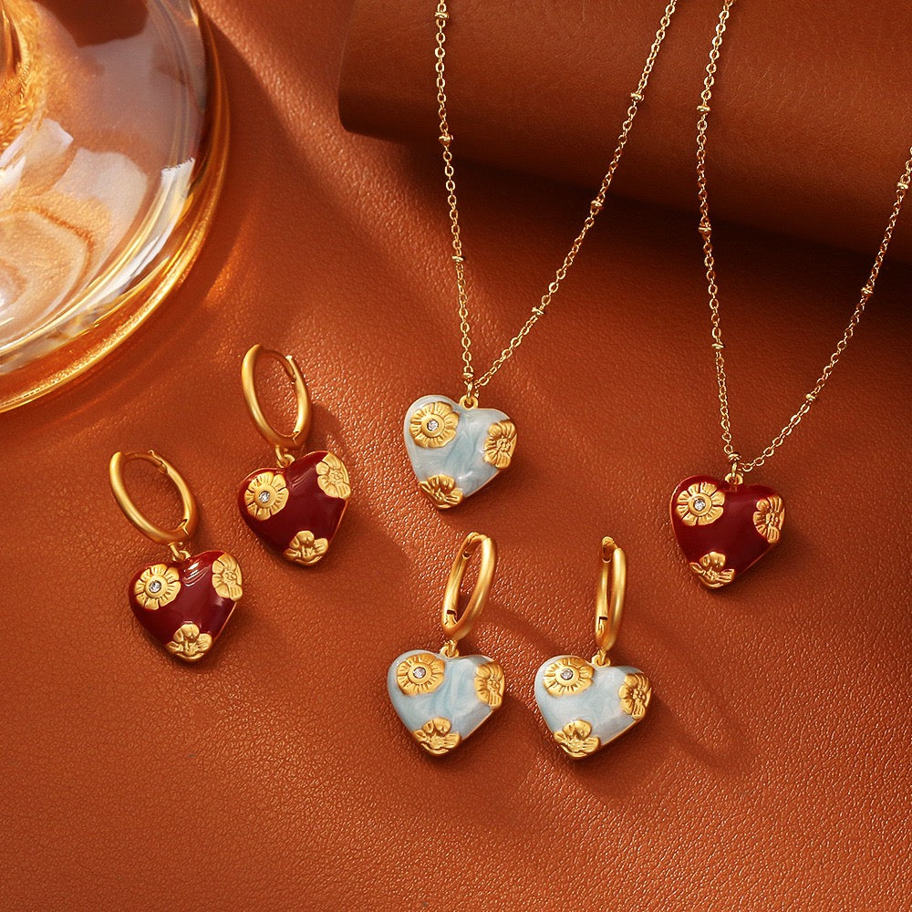 Copper-plated gold retro love heart drip earring and necklace set, Valentine's Day birthday holiday gift