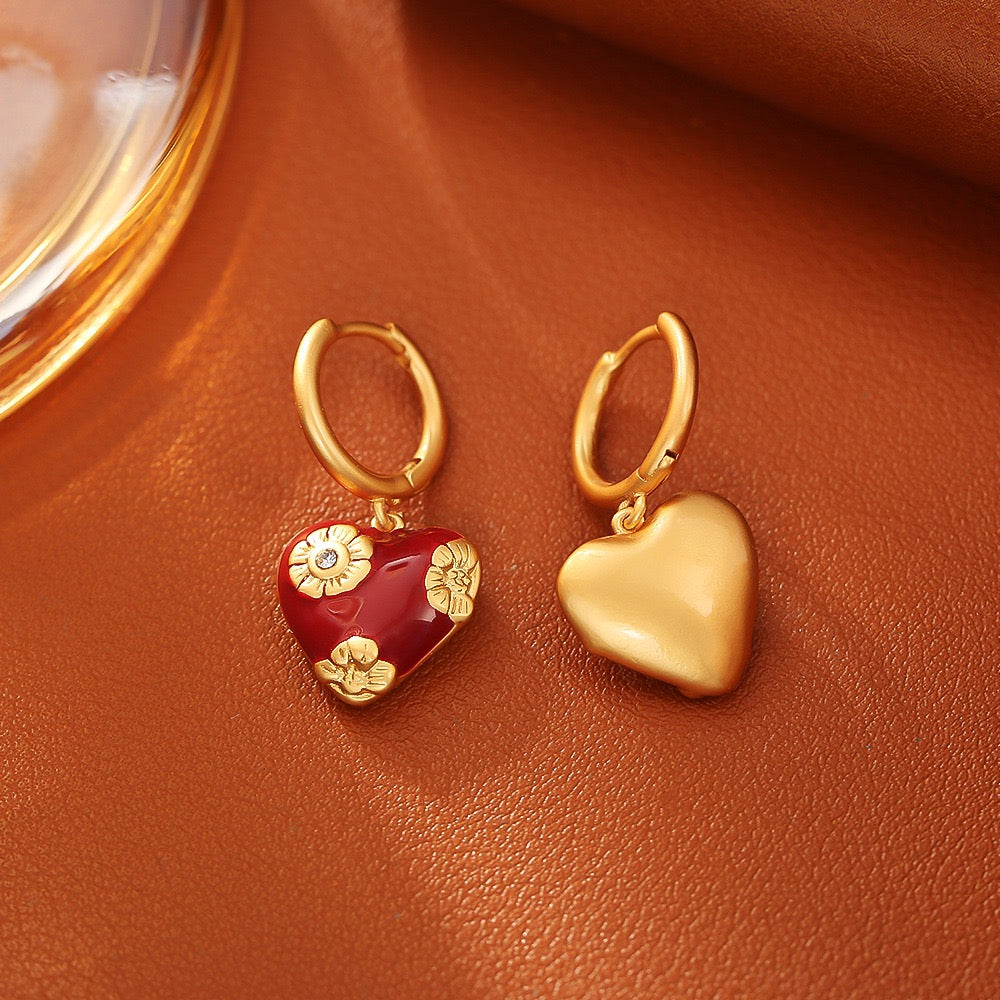 Copper-plated gold retro love heart drip earring and necklace set, Valentine's Day birthday holiday gift