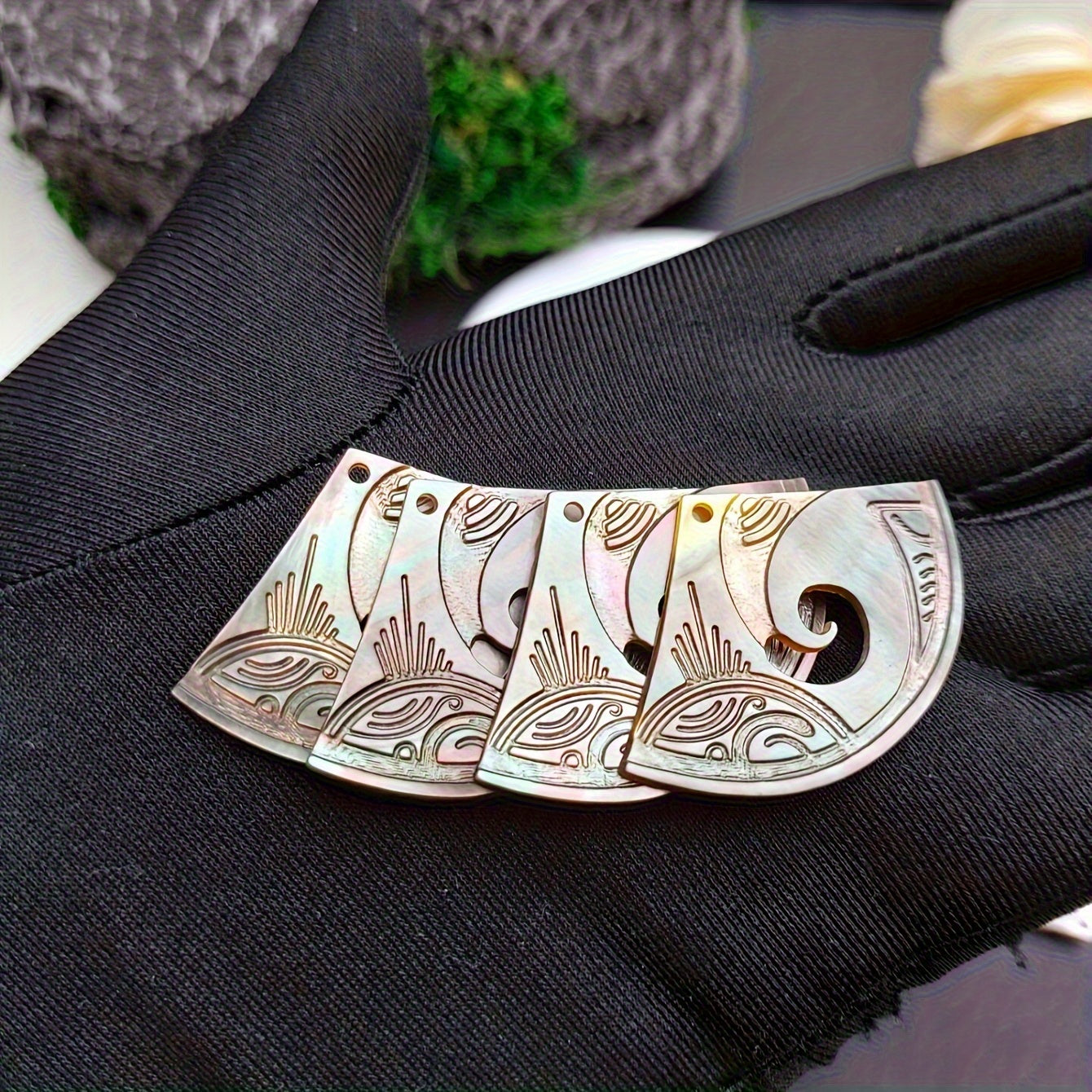 4pcs Hand-Carved Iridescent Shell Beads | Natural Mother of Fan Shape Charms for DIY Jewelry Making, Earrings & Necklace Pendants