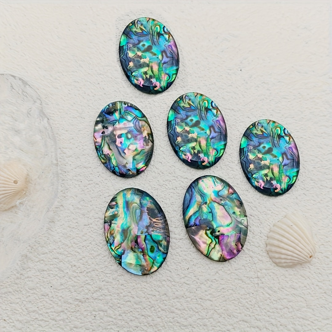 2D Flat, 6pcs Natural Abalone Shell Gemstones - Iridescent Rainbow Mother-of- Inlay Cabochons with Acrylic Base (30x20mm Oval) for DIY Jewelry Making, Pendants, Rings, Earrings - Multicolor Iridescent Scales, Loose Cabs for Crafting