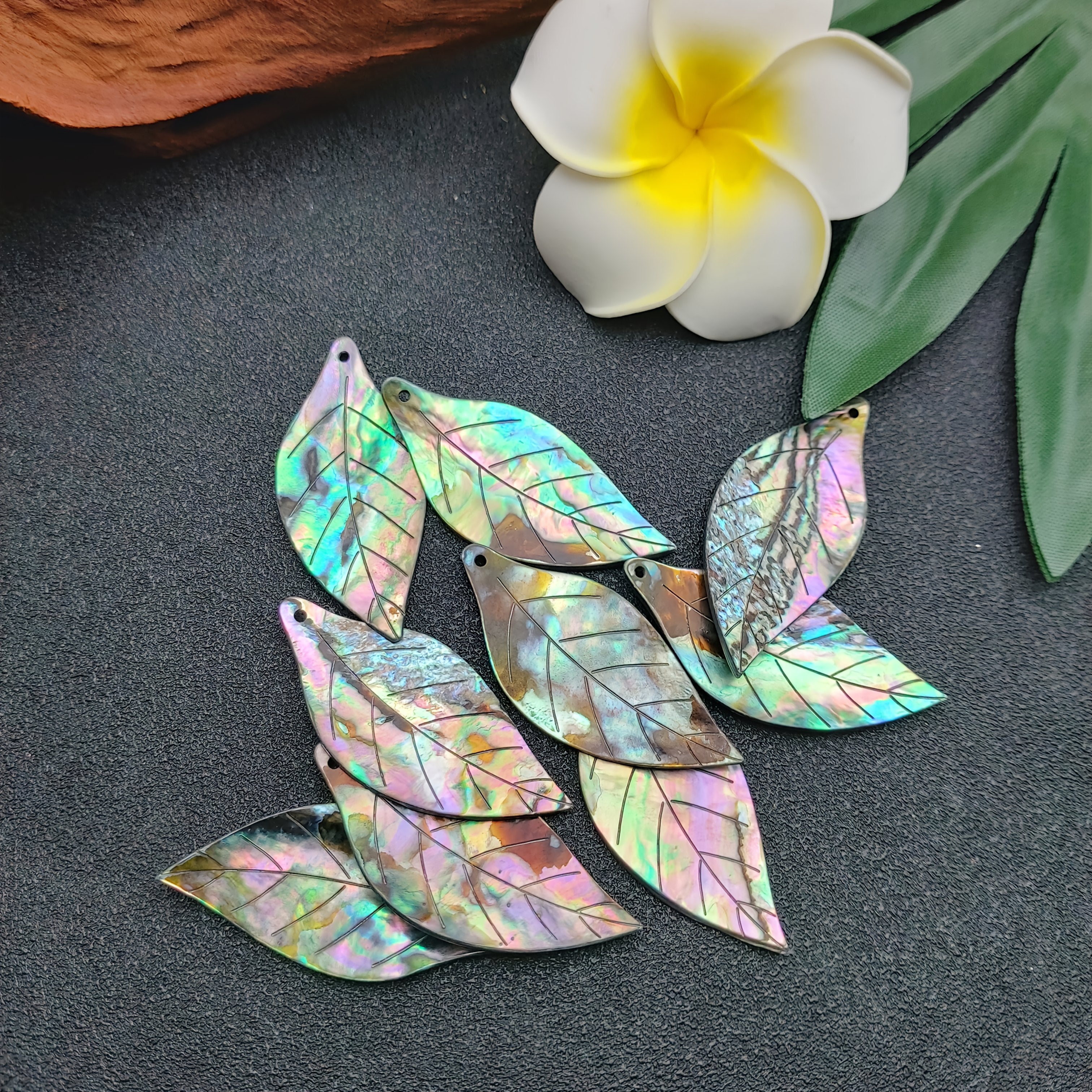 2pcs Natural Abalone Shell Charms - Hand-Carved Leaf Jewelry Making, Elegant Marine