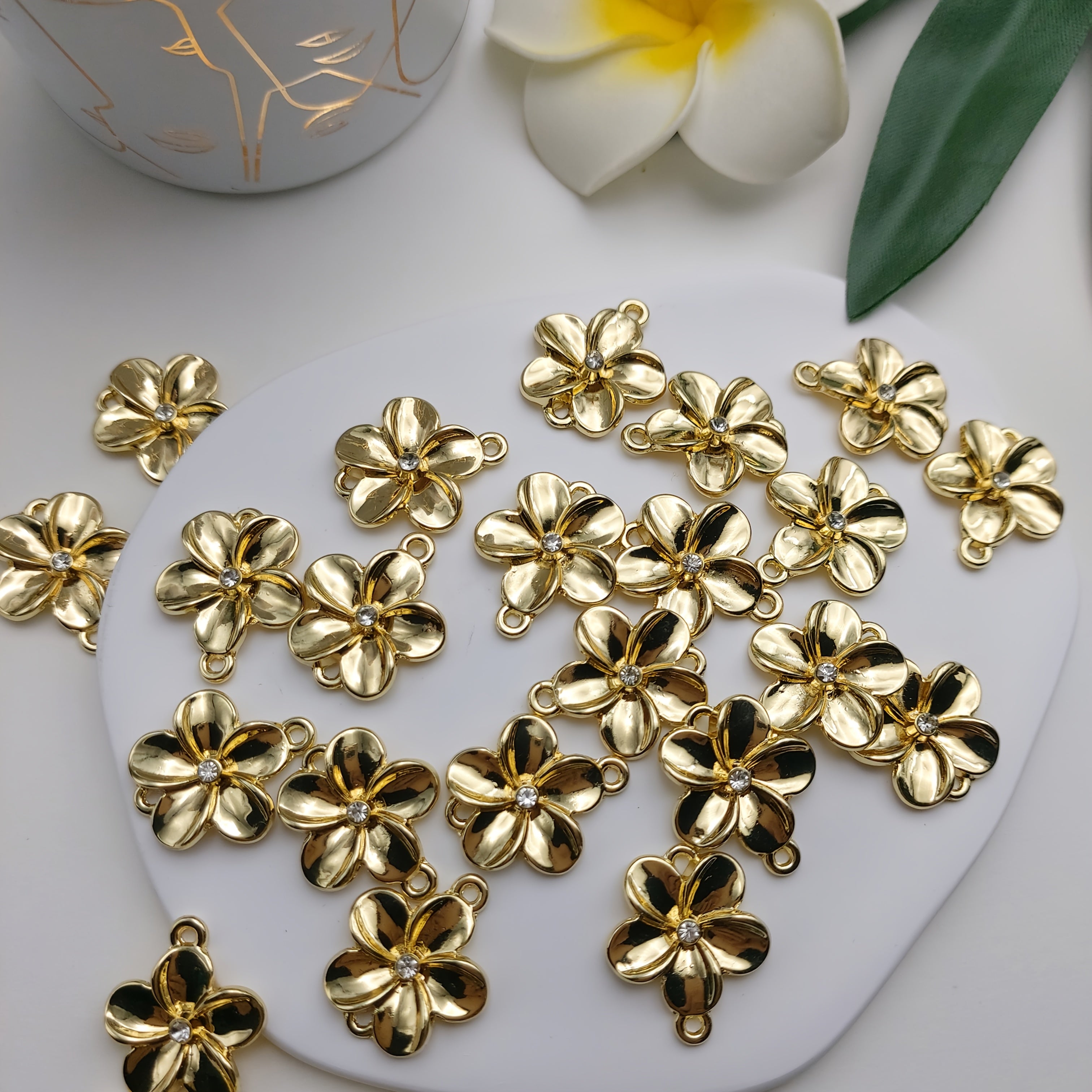 10pcs Golden-Tone Hawaiian Plumeria Flower Charms with Rhinestone Inlay
