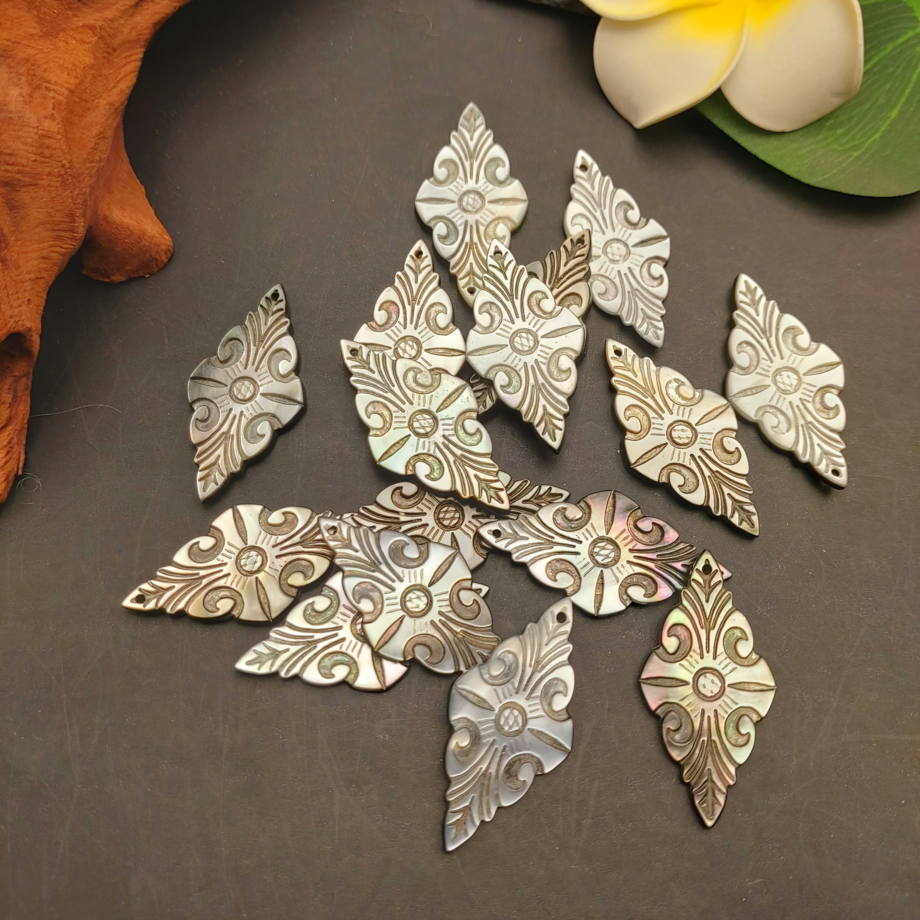 2pcs Hand Carved Natural Mother of Pearl Iris Pendants | Lip Shell Charms, 1.54" x 0.75" Jewelry Making Shell Findings, Mop Shell Craft Supplies