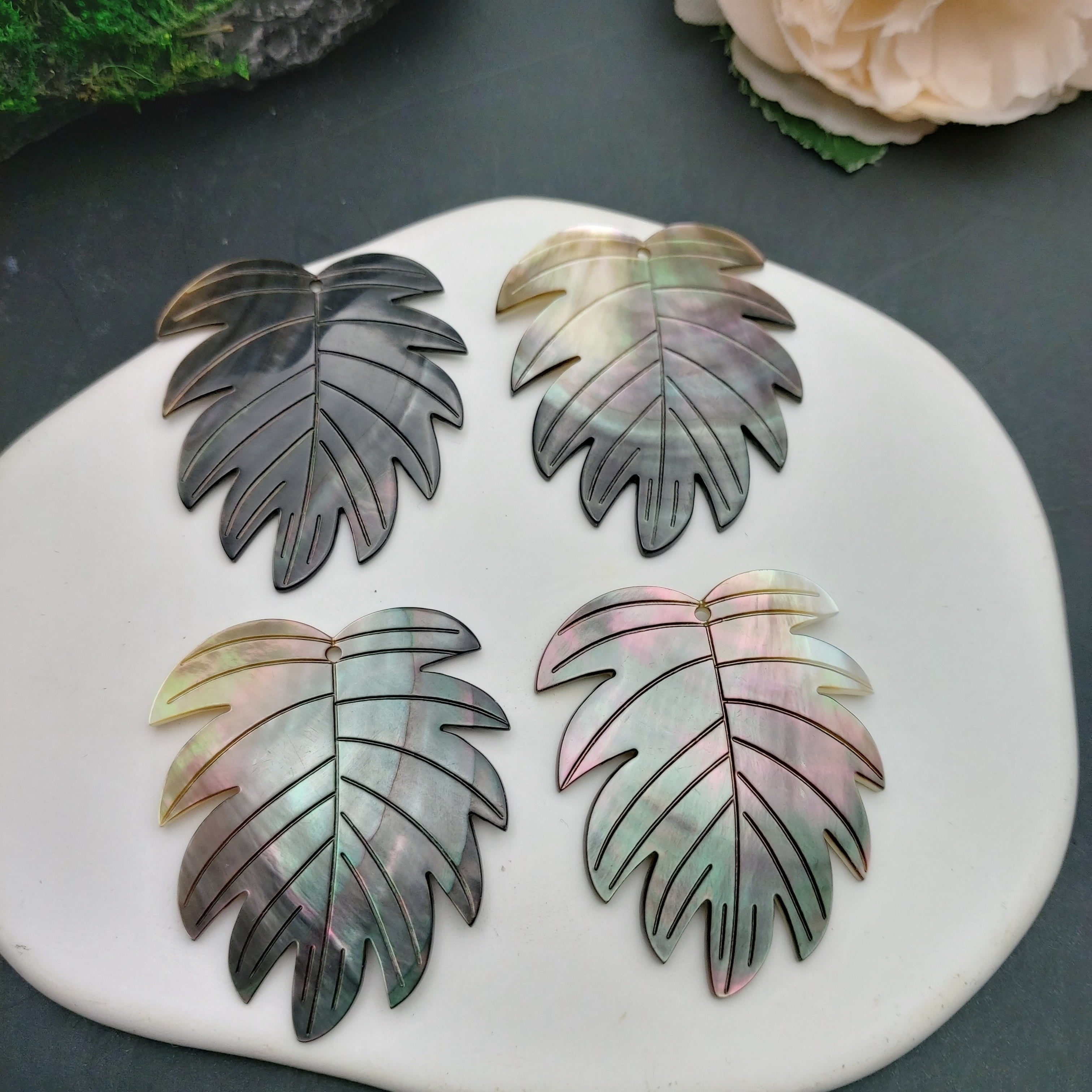4 Natural Black Shell Carved Monstera-like leaves - Hawaiian Tropical Jewelry components, Elegant Necklace/Pendants for Hawaiian Lei, Home/Office Decor