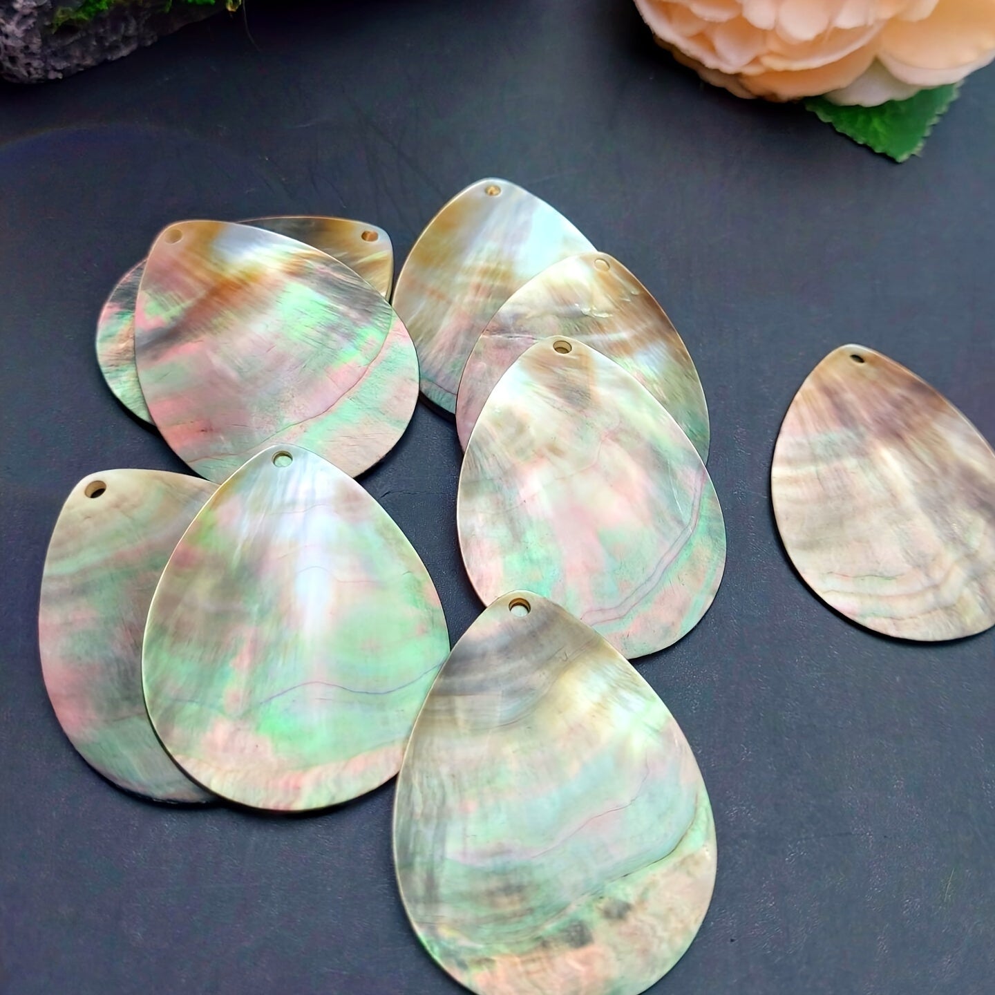 4pcs Natural Abalone Shell Teardrop Charms, 45x35mm - Iridescent Pendants with Green, Pink, Blue & Golden Hues for Jewelry Making, DIY Crafts, Nautical Style Accessories, Seashell Jewelry