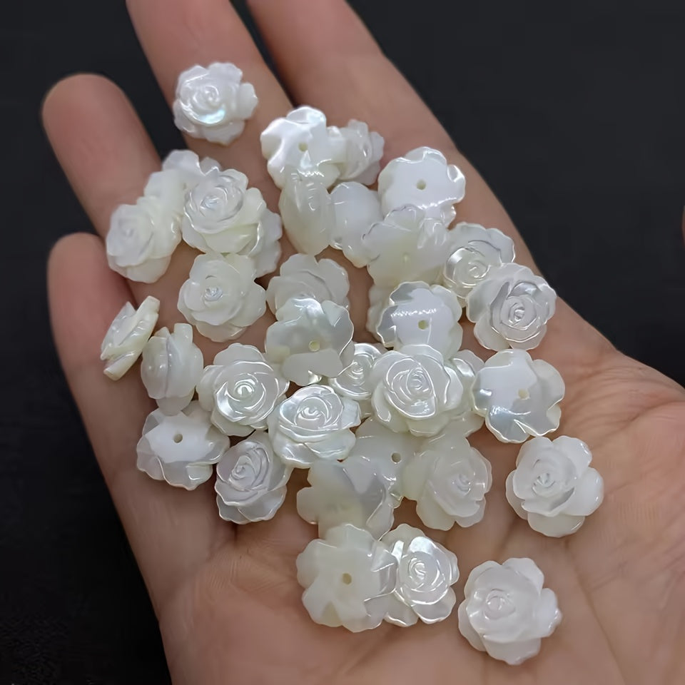 10pcs Natural Mother of Pearl Charms - Hand-Carved Floral Jewelry Beads, Half-Drilled for Piercing, Elegant Floral Pendant Beads for DIY Earrings, Necklace, Bracelet Making