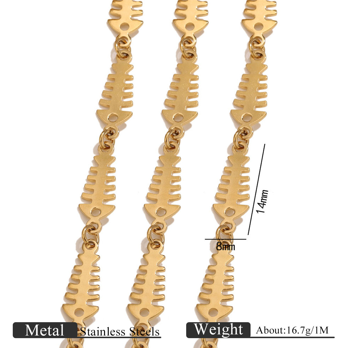 1m Personality gold fishbone shape metal chain, ocean style trendy cool DIY bracelet necklace