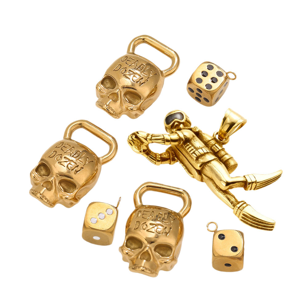 Vintage golden skull lock dice diver pendant stainless steel accessory DIY