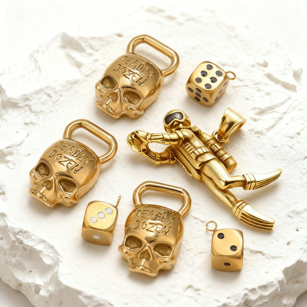 Vintage golden skull lock dice diver pendant stainless steel accessory DIY