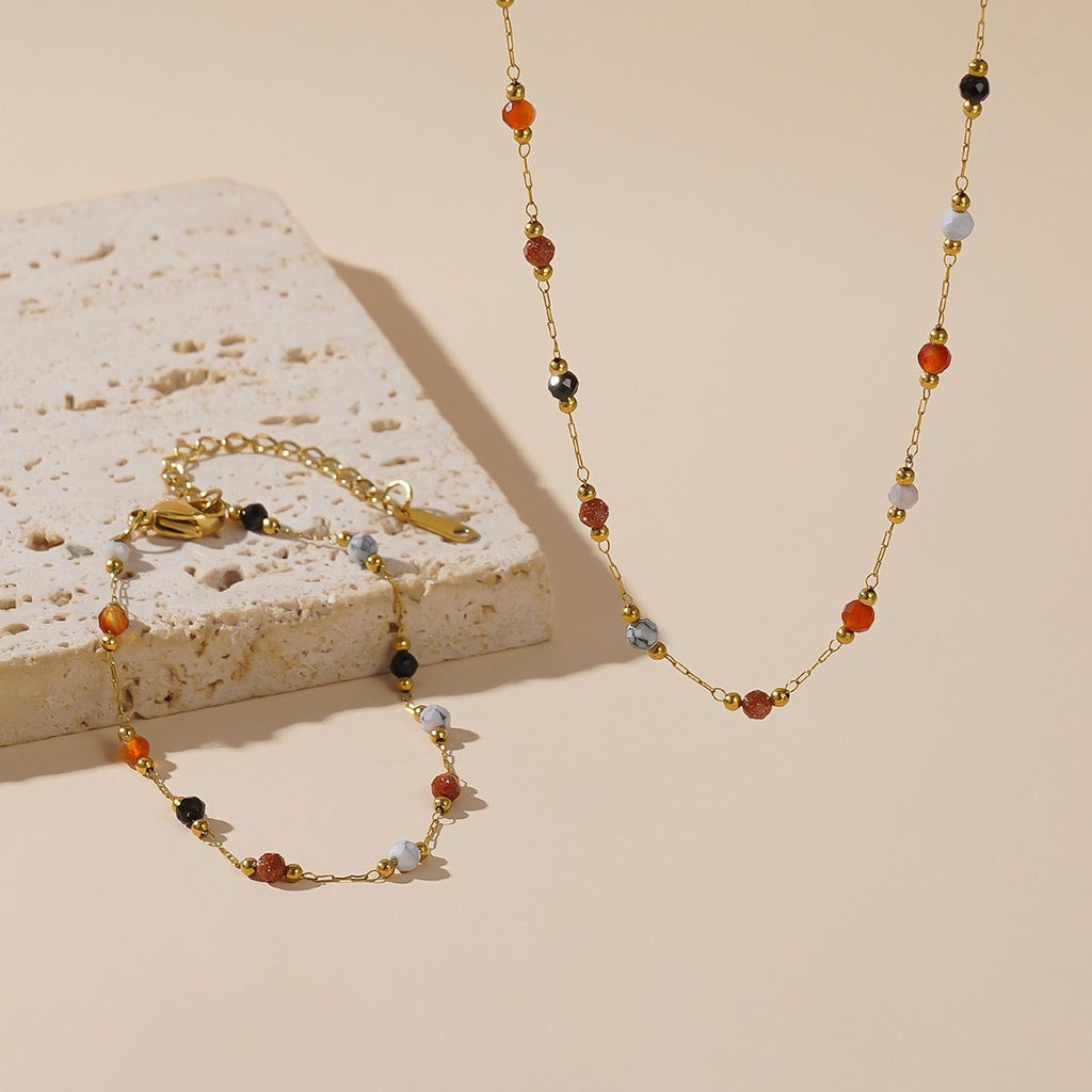 1set-Titanium Steel New Style European and American Ins Niche Natural Stone Necklace for Women, 18K Gold Plated Collarbone Chain Jewelry