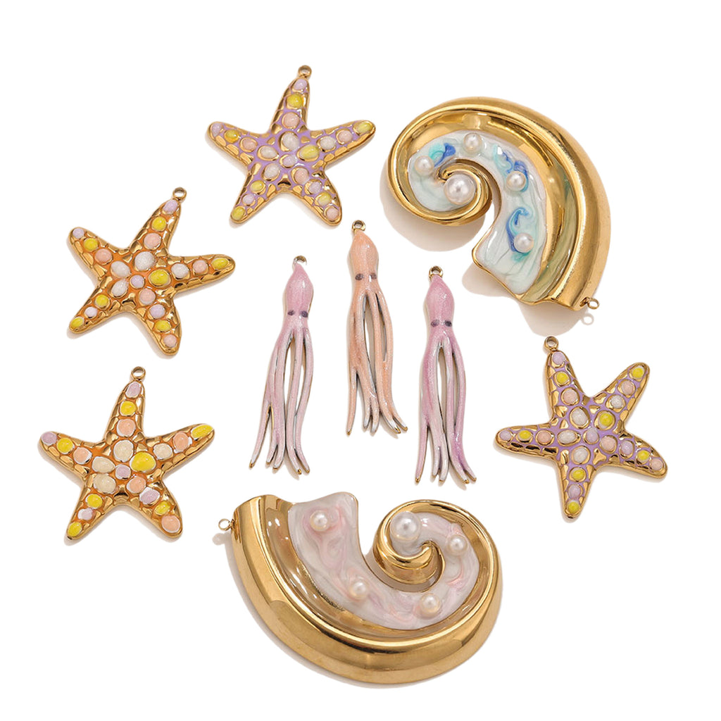 Colorful Ocean Style Starfish Octopus Seashell Pendant Stainless Steel Hanging Piece DIY