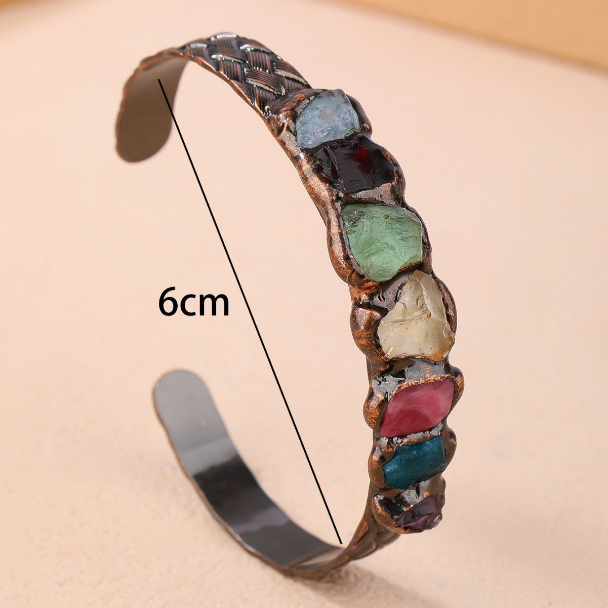 Retro Style 7-Crystal Natural Yellow Amethyst Green Fluorite Raw Stone Hand-Welded Bronze Bracelet Women's Party Gift