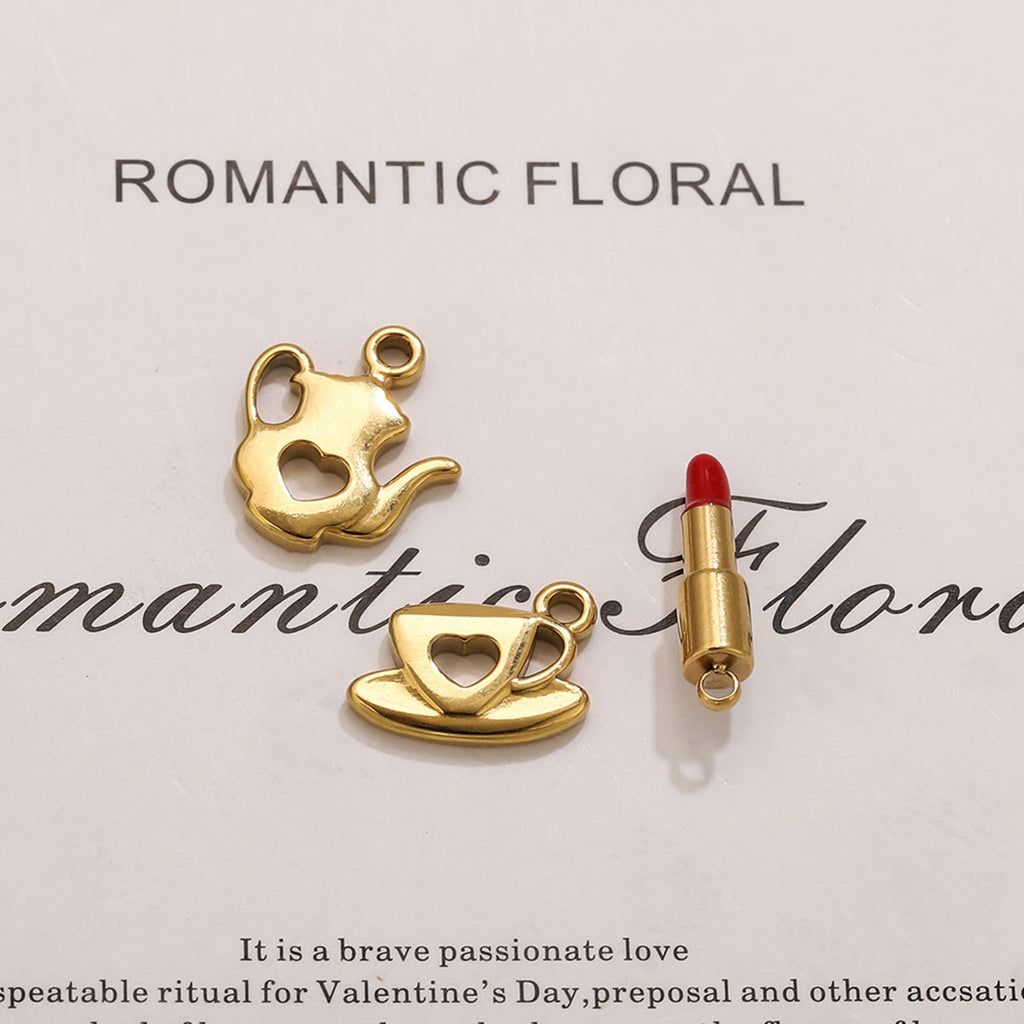 Stainless Steel Makeup Tea Set Shaped Pendant Lipstick Teapot Teacup Drip Oil Pendant DIY Bracelet Accessories