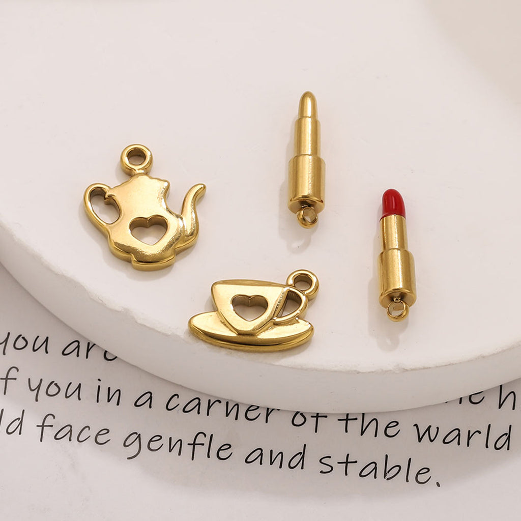Stainless Steel Makeup Tea Set Shaped Pendant Lipstick Teapot Teacup Drip Oil Pendant DIY Bracelet Accessories