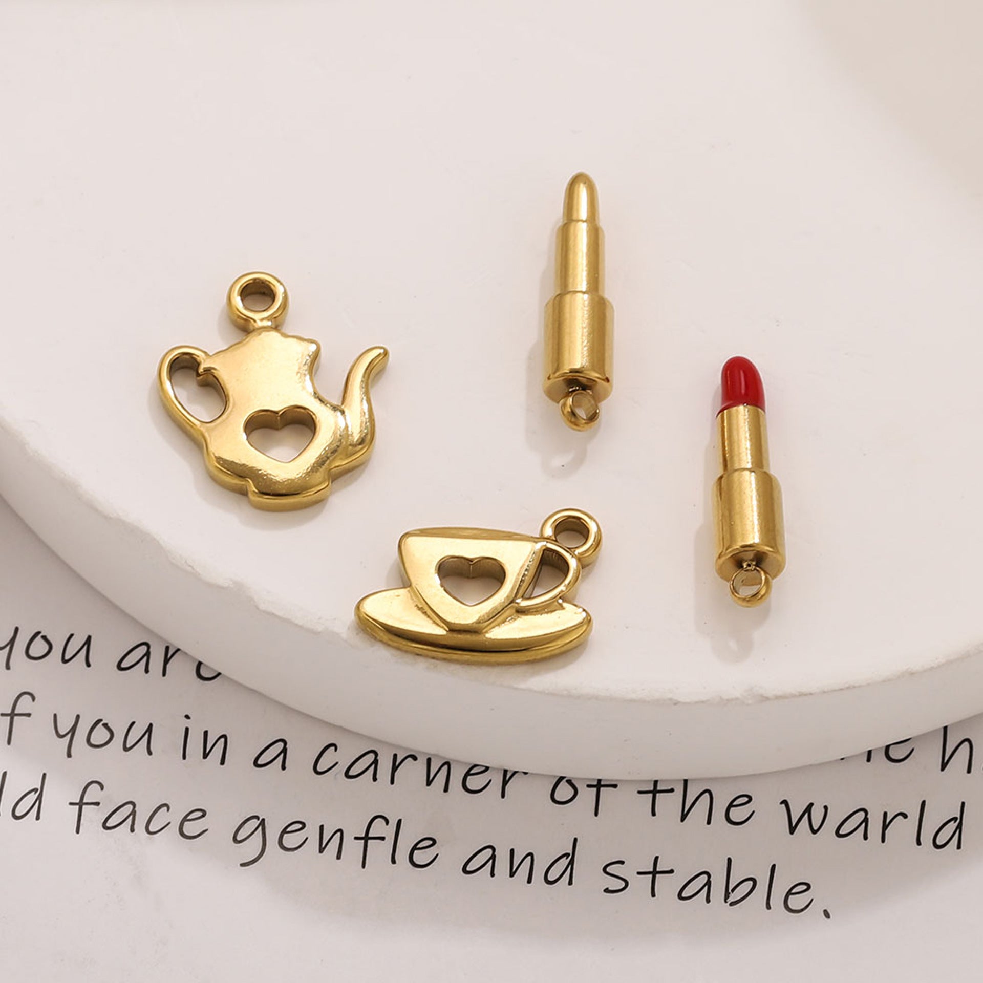 Stainless Steel Makeup Tea Set Shaped Pendant Lipstick Teapot Teacup Drip Oil Pendant DIY Bracelet Accessories
