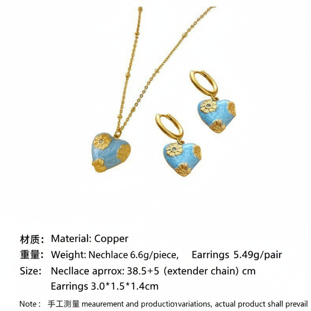 Copper-plated gold retro love heart drip earring and necklace set, Valentine's Day birthday holiday gift