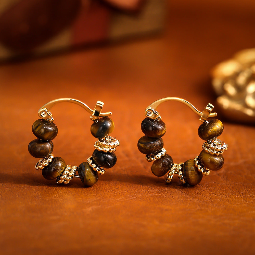 Retro Tiger's Eye Stone Earrings for Women, Light Luxury Fashion, Niche Circle Earrings