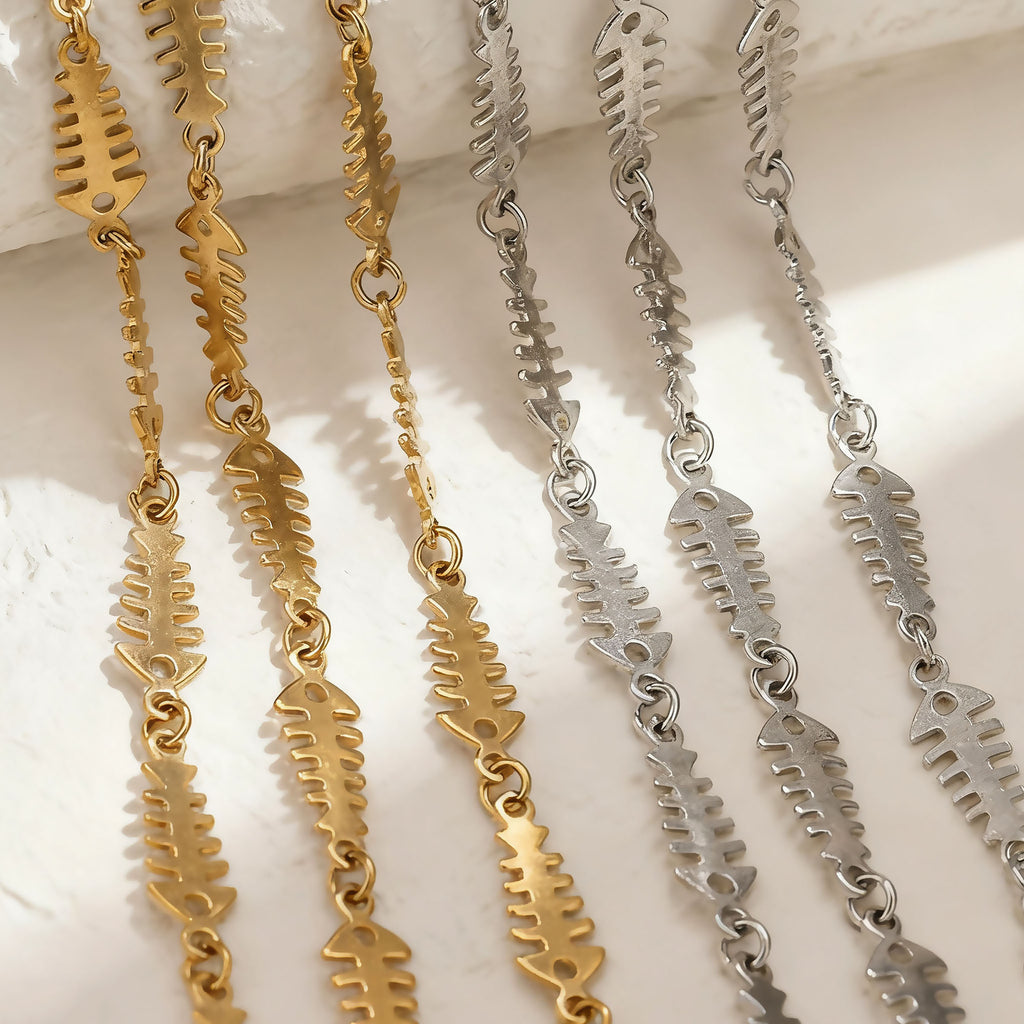 1m Personality gold fishbone shape metal chain, ocean style trendy cool DIY bracelet necklace