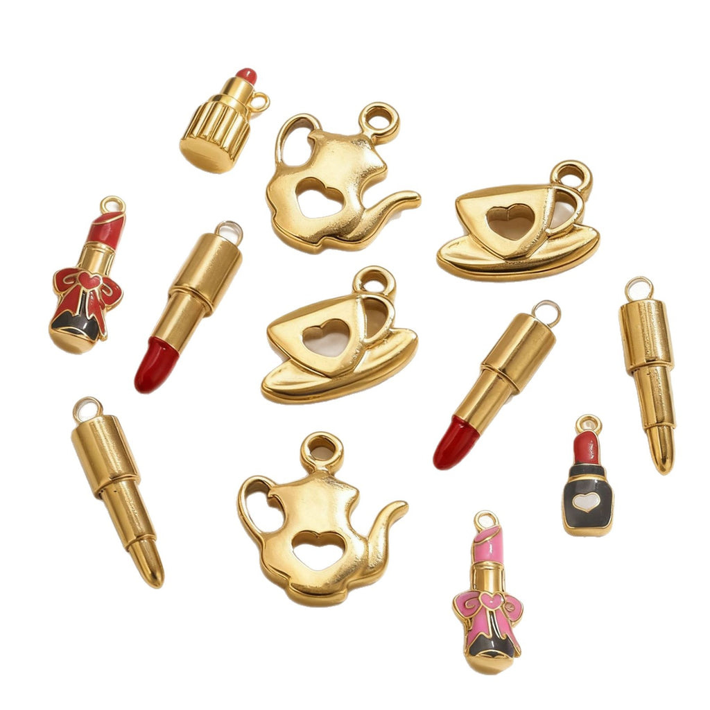Stainless Steel Makeup Tea Set Shaped Pendant Lipstick Teapot Teacup Drip Oil Pendant DIY Bracelet Accessories