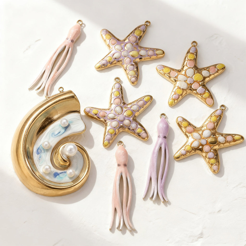 Colorful Ocean Style Starfish Octopus Seashell Pendant Stainless Steel Hanging Piece DIY