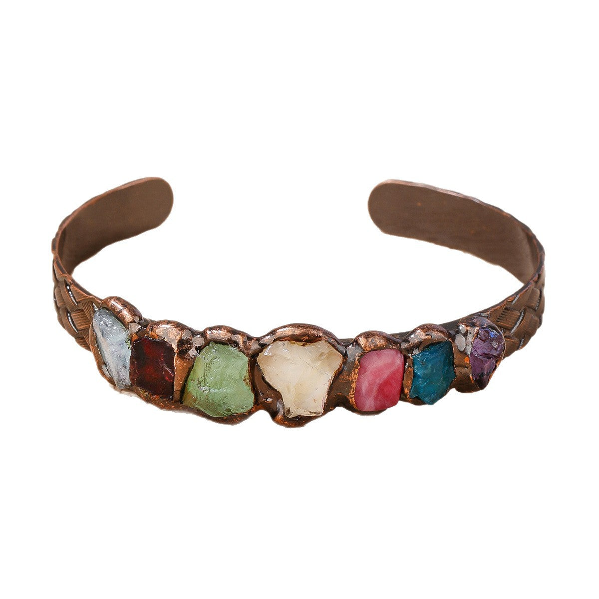 Retro Style 7-Crystal Natural Yellow Amethyst Green Fluorite Raw Stone Hand-Welded Bronze Bracelet Women's Party Gift