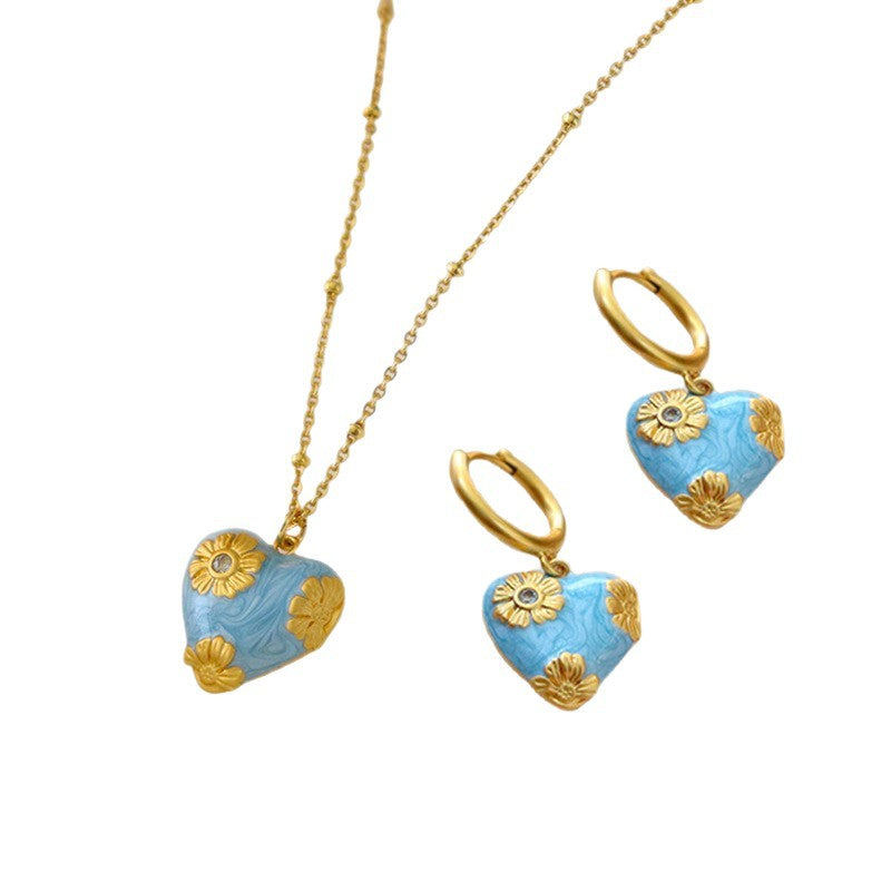 Copper-plated gold retro love heart drip earring and necklace set, Valentine's Day birthday holiday gift