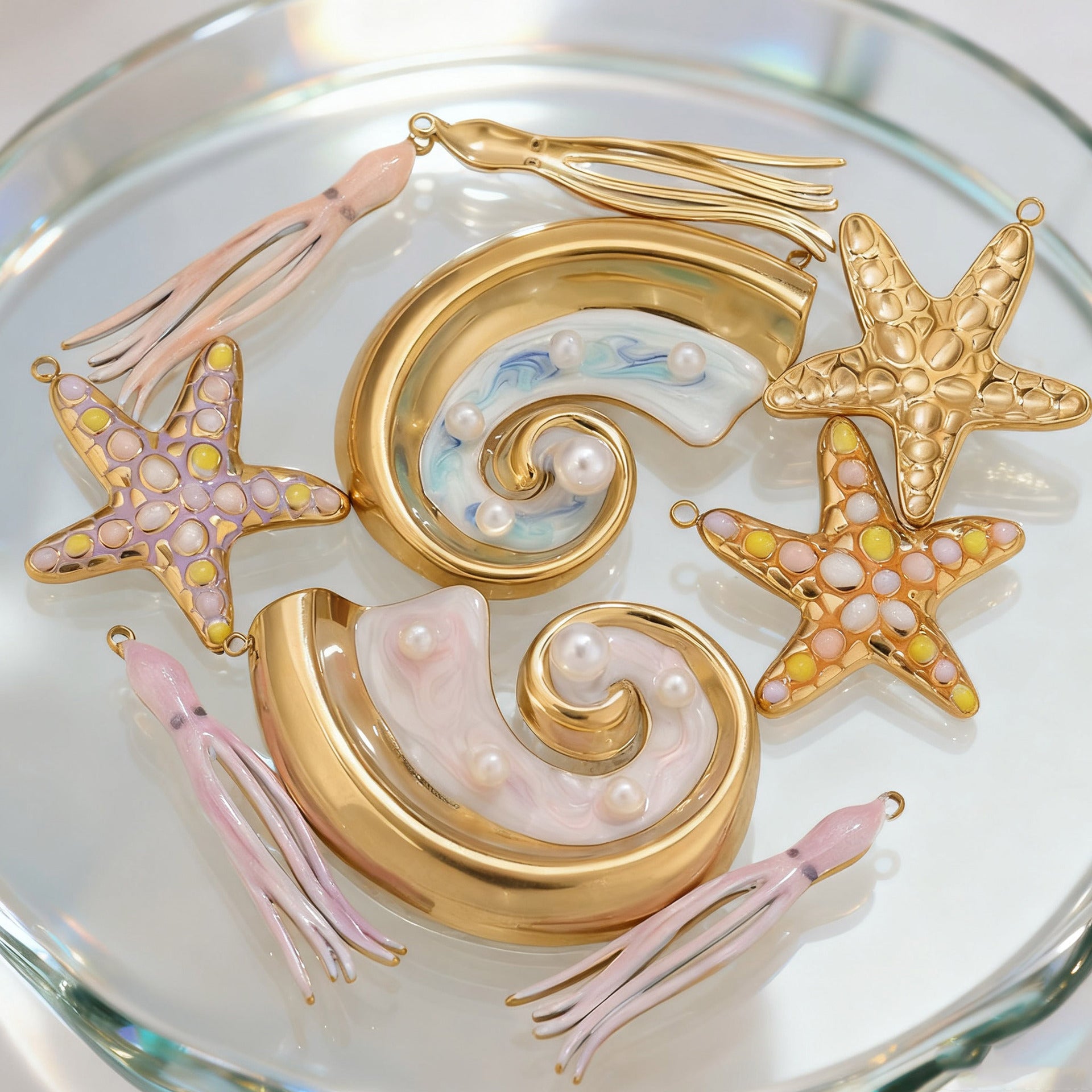 Colorful Ocean Style Starfish Octopus Seashell Pendant Stainless Steel Hanging Piece DIY