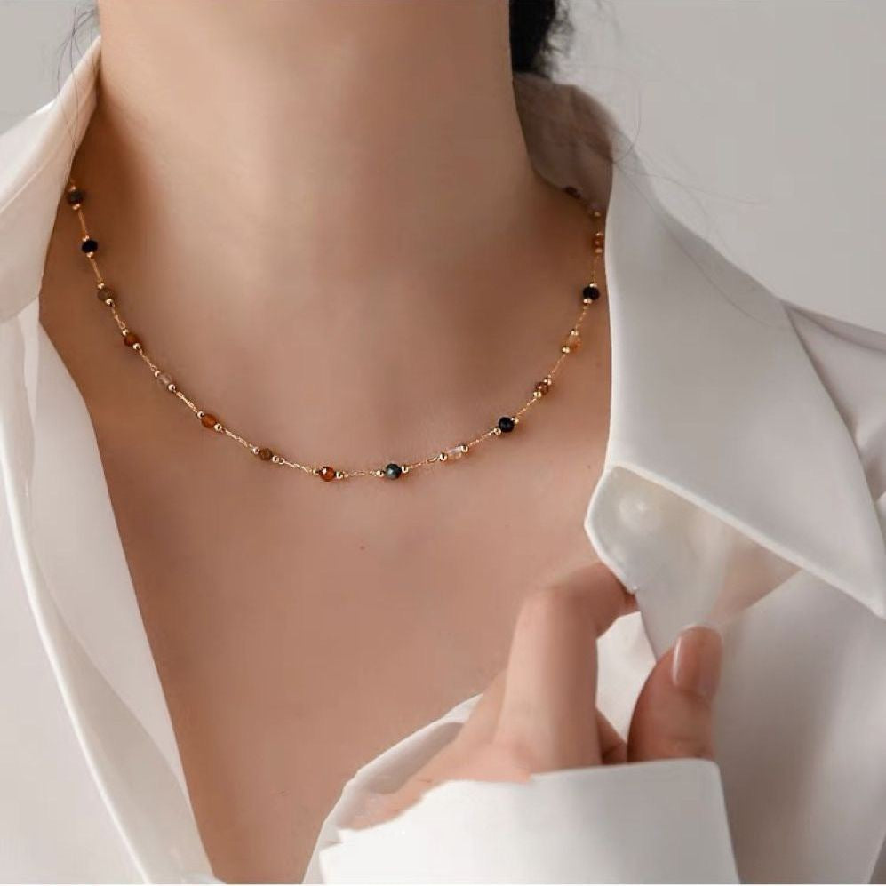 1set-Titanium Steel New Style European and American Ins Niche Natural Stone Necklace for Women, 18K Gold Plated Collarbone Chain Jewelry