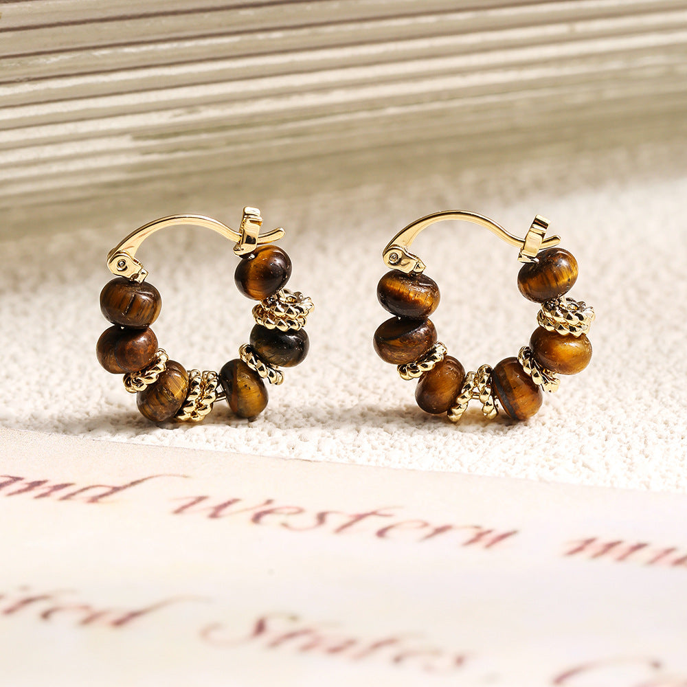 Retro Tiger's Eye Stone Earrings for Women, Light Luxury Fashion, Niche Circle Earrings