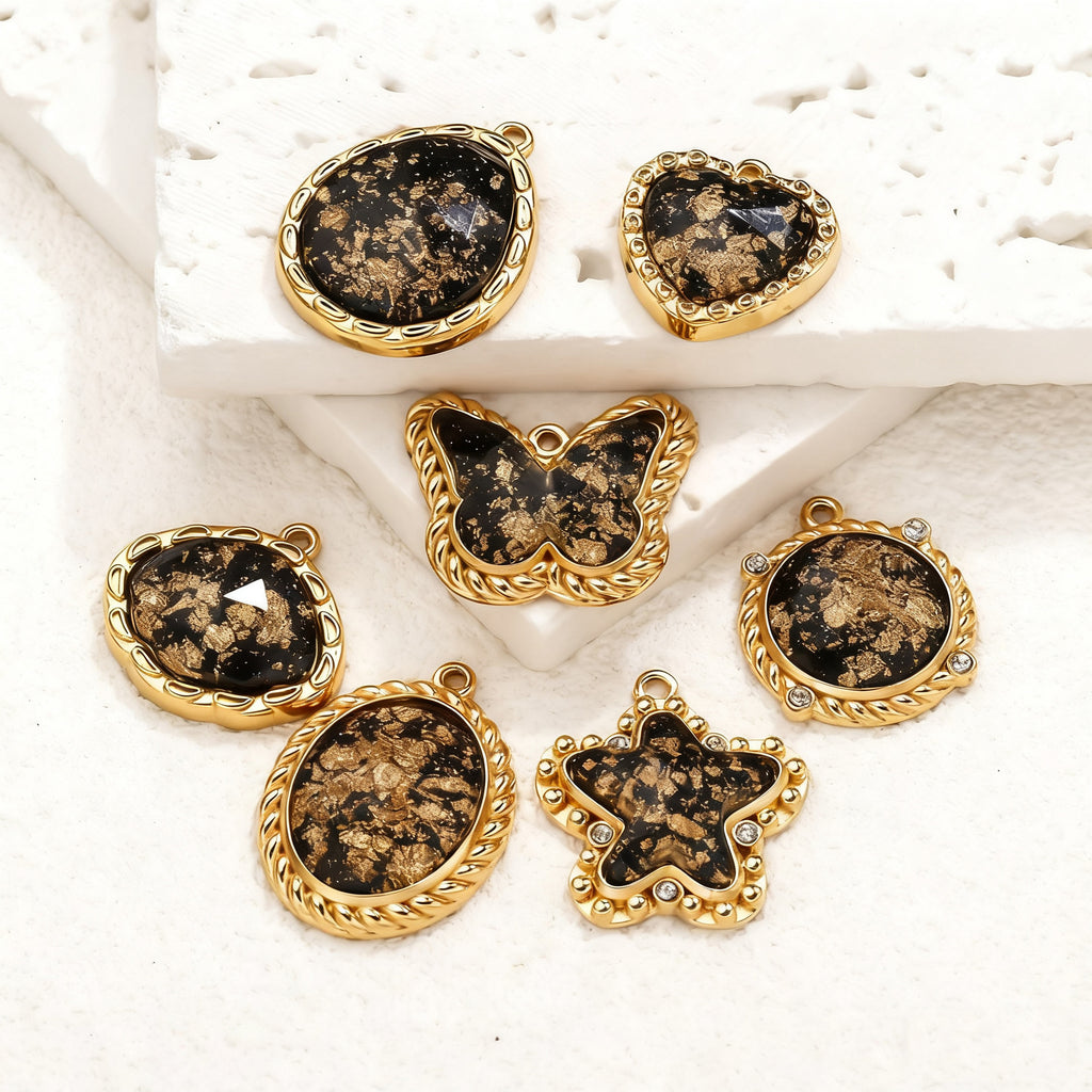 Vintage Black Gold Foil Multi-style Stainless Steel Pendant Butterfly Star Heart Charms DIY Bracelet Necklace Earrings