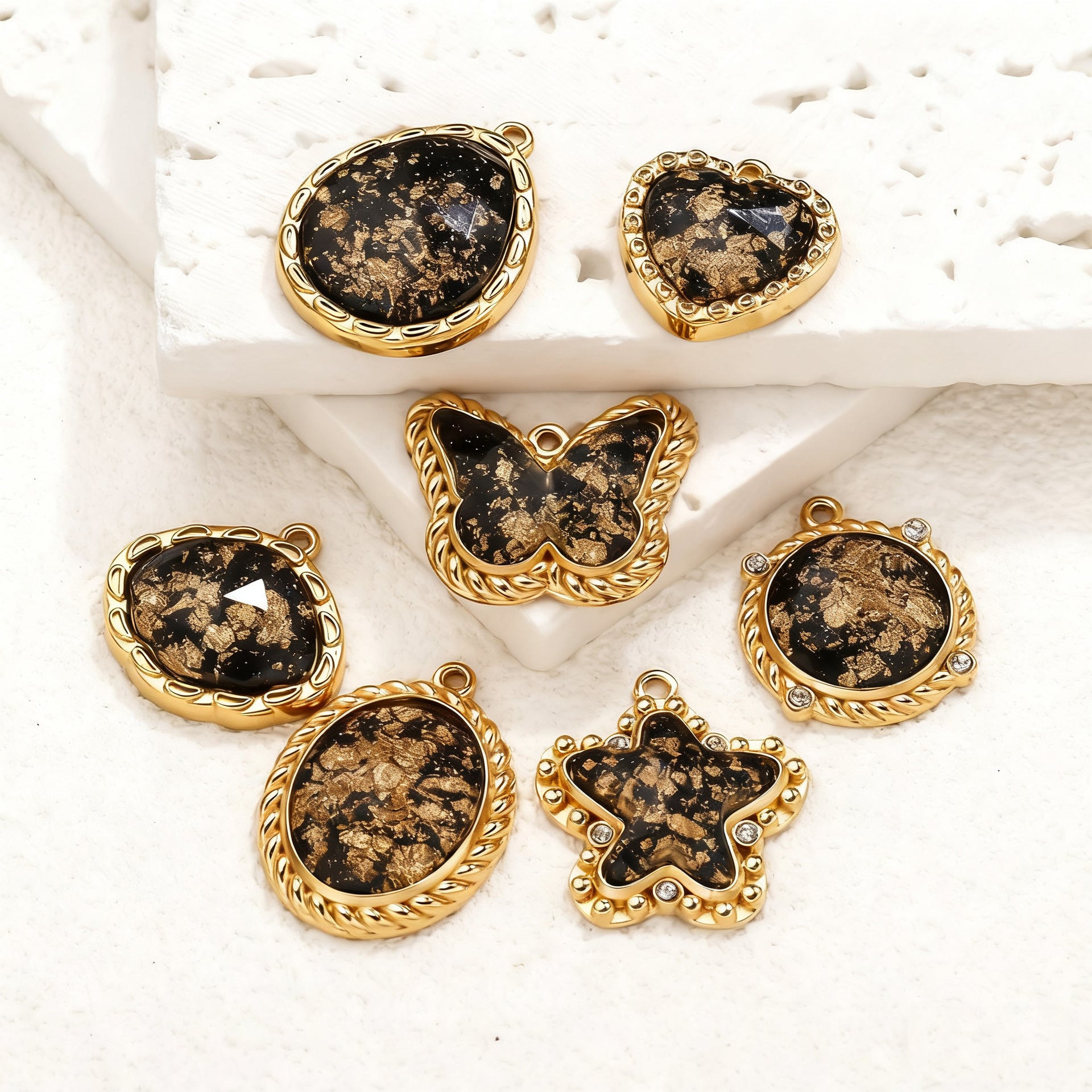 Vintage Black Gold Foil Multi-style Stainless Steel Pendant Butterfly Star Heart Charms DIY Bracelet Necklace Earrings