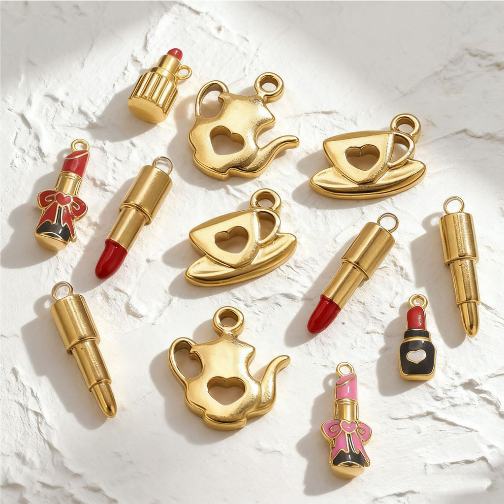 Stainless Steel Makeup Tea Set Shaped Pendant Lipstick Teapot Teacup Drip Oil Pendant DIY Bracelet Accessories