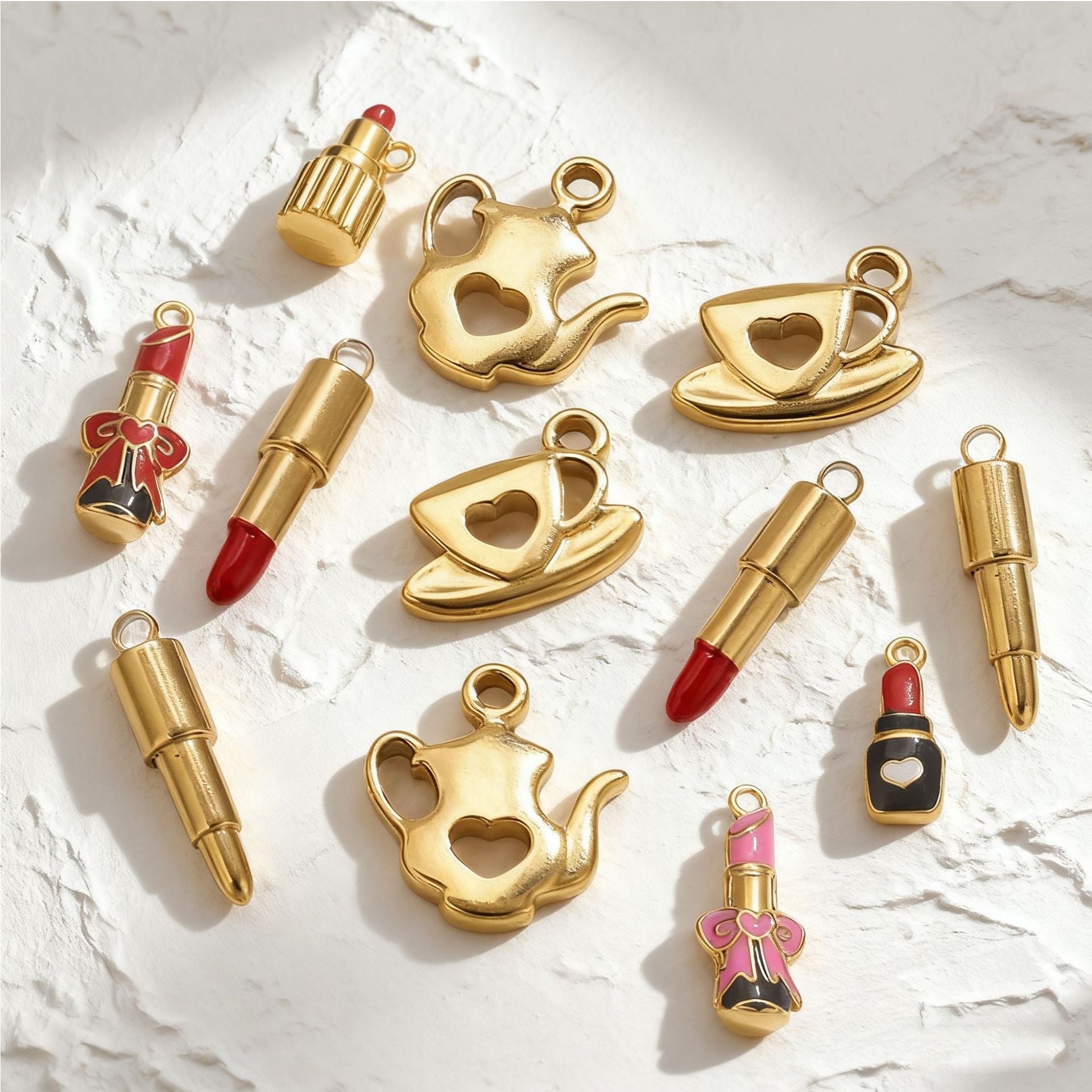 Stainless Steel Makeup Tea Set Shaped Pendant Lipstick Teapot Teacup Drip Oil Pendant DIY Bracelet Accessories