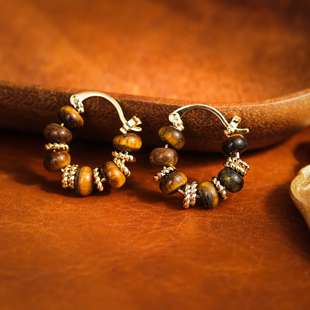 Retro Tiger's Eye Stone Earrings for Women, Light Luxury Fashion, Niche Circle Earrings