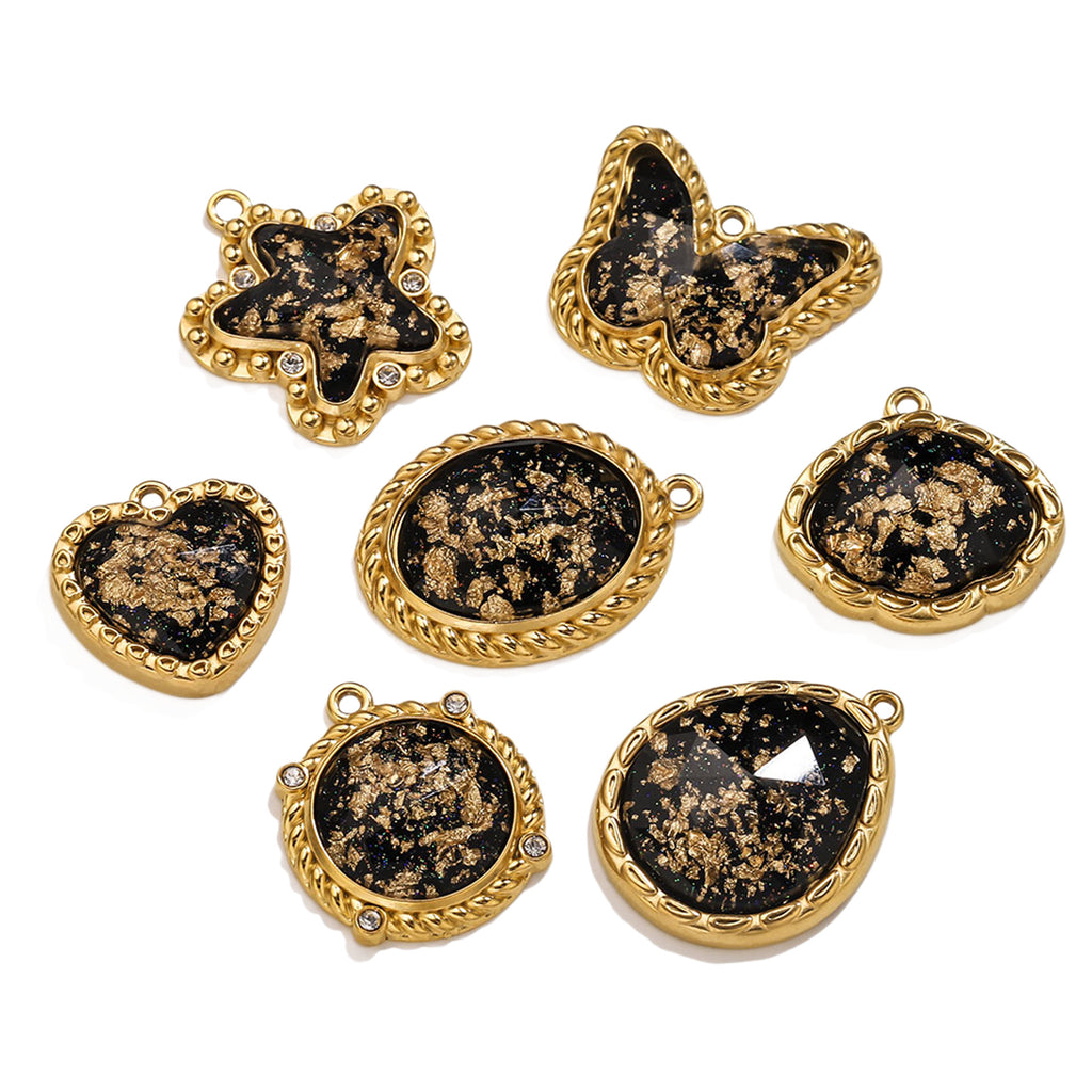 Vintage Black Gold Foil Multi-style Stainless Steel Pendant Butterfly Star Heart Charms DIY Bracelet Necklace Earrings