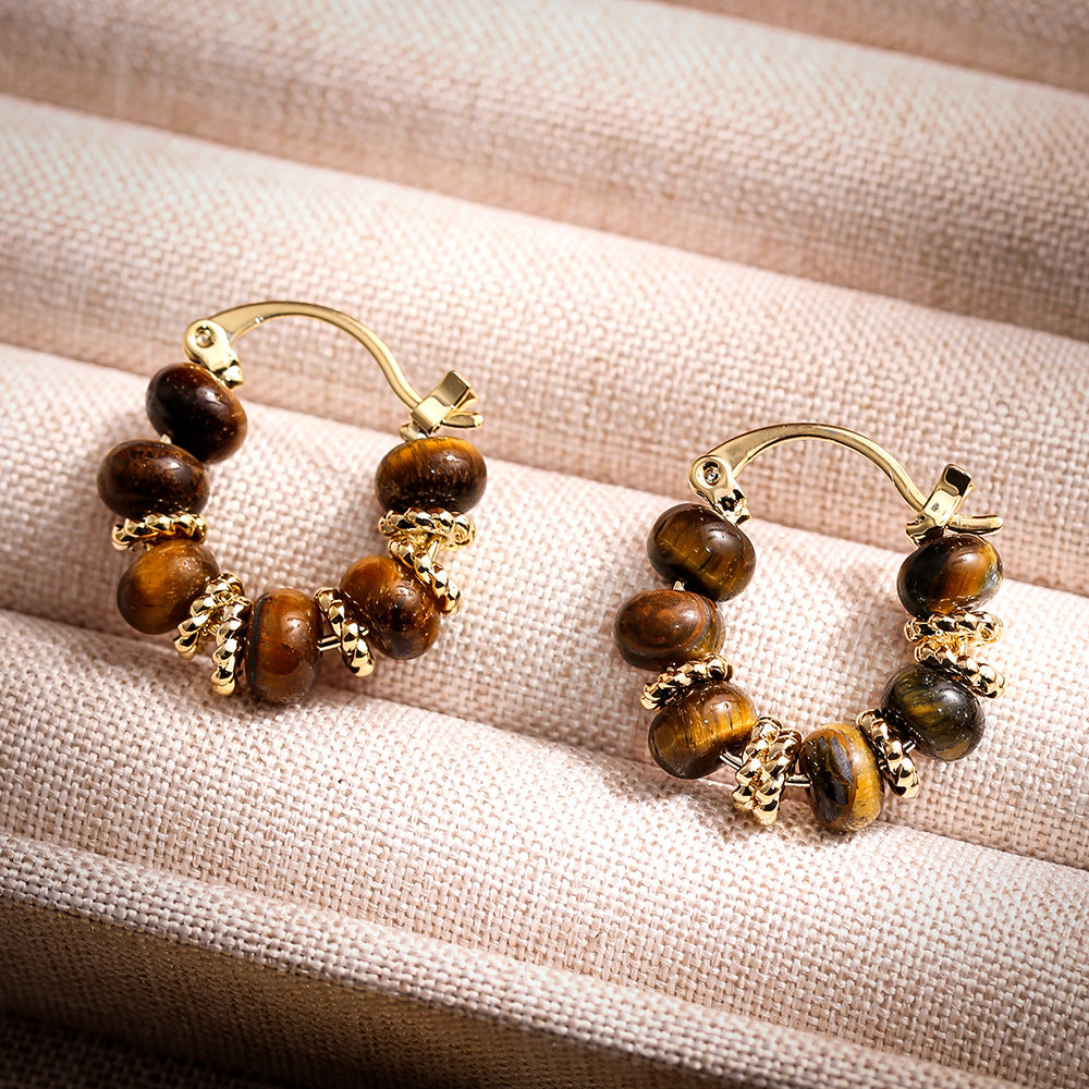 Retro Tiger's Eye Stone Earrings for Women, Light Luxury Fashion, Niche Circle Earrings