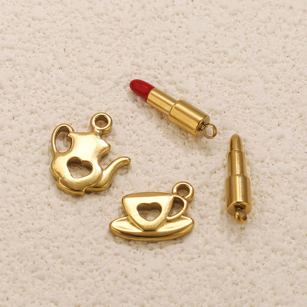 Stainless Steel Makeup Tea Set Shaped Pendant Lipstick Teapot Teacup Drip Oil Pendant DIY Bracelet Accessories