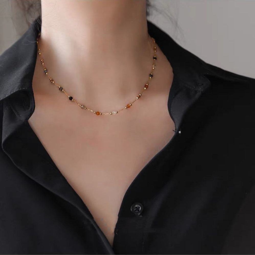 1set-Titanium Steel New Style European and American Ins Niche Natural Stone Necklace for Women, 18K Gold Plated Collarbone Chain Jewelry