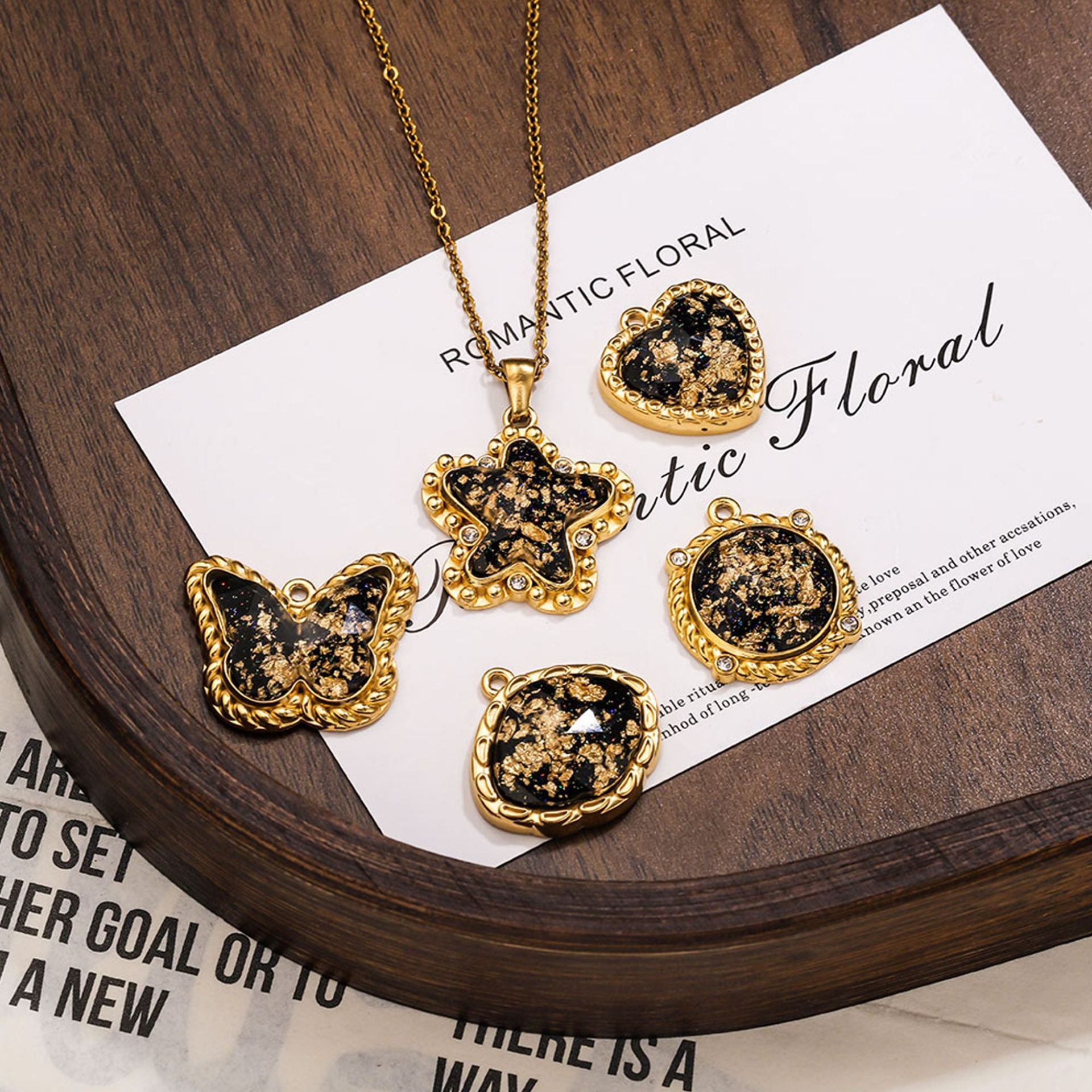 Vintage Black Gold Foil Multi-style Stainless Steel Pendant Butterfly Star Heart Charms DIY Bracelet Necklace Earrings