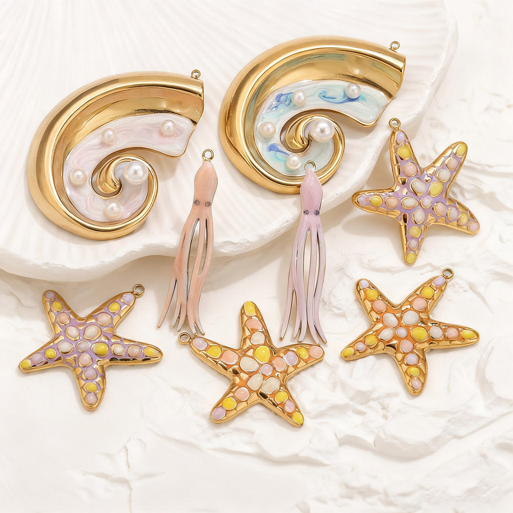 Colorful Ocean Style Starfish Octopus Seashell Pendant Stainless Steel Hanging Piece DIY