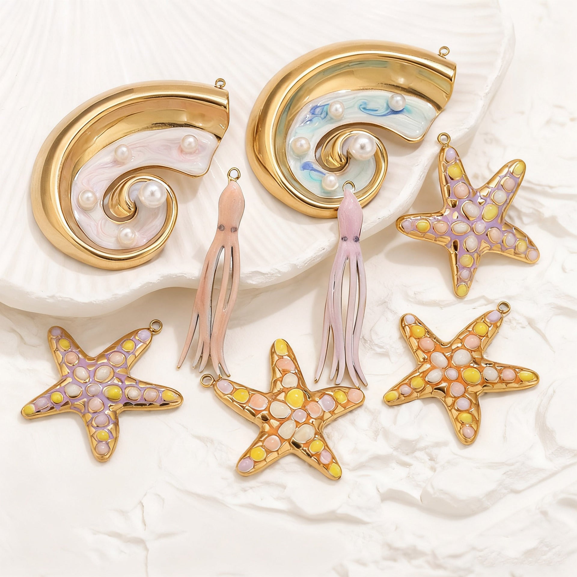 Colorful Ocean Style Starfish Octopus Seashell Pendant Stainless Steel Hanging Piece DIY