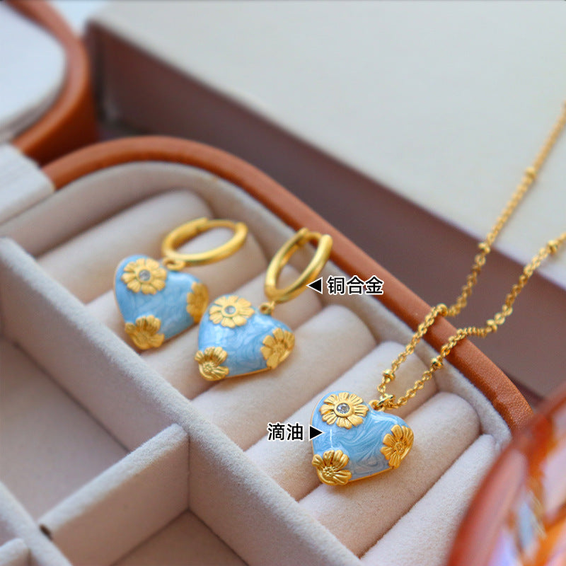 Copper-plated gold retro love heart drip earring and necklace set, Valentine's Day birthday holiday gift