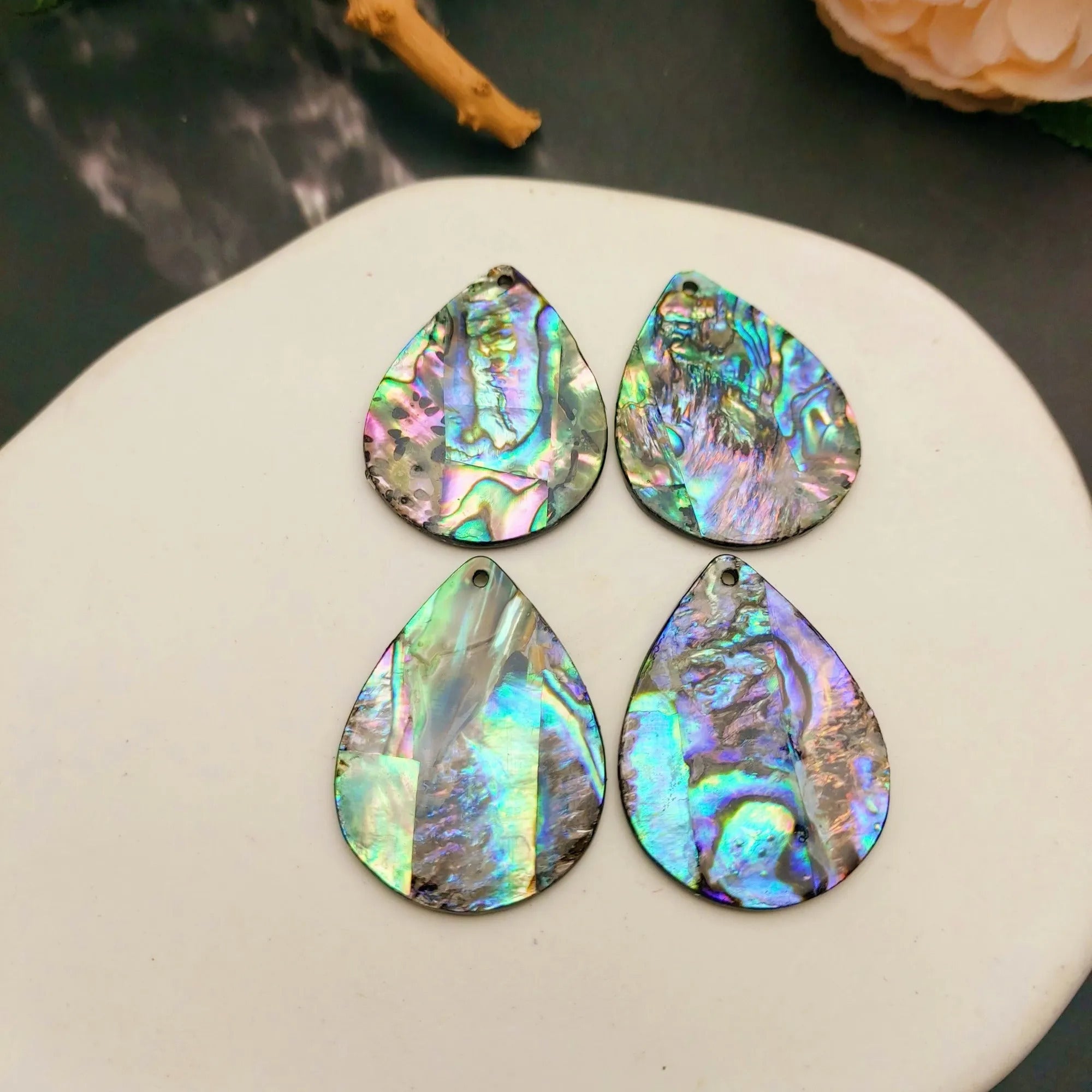 2pcs Double-Sided Flat Nautical Abalone Shell Stickers with Acrylic Base - 2D Flat Iridescent Waterdrop Charms for DIY Earrings & Necklaces