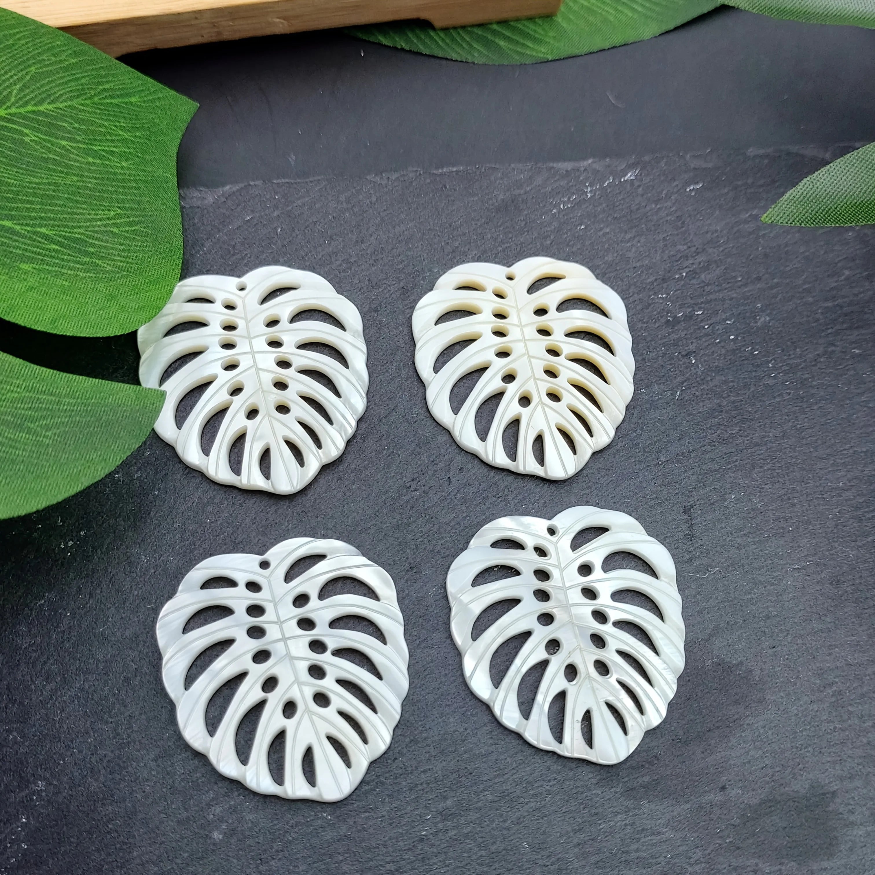 4pcs Hand-Carved White Mother of Pearl Monstera Pendants - 40x36mm, Natural Shell Jewelry Making Charms for DIY Earrings, Necklaces, Bracelets - Elegant Floral Design, Perfect for Daily Wear & Vacation Accessories, Vacation Jewelry|Elegant Pendant Design|