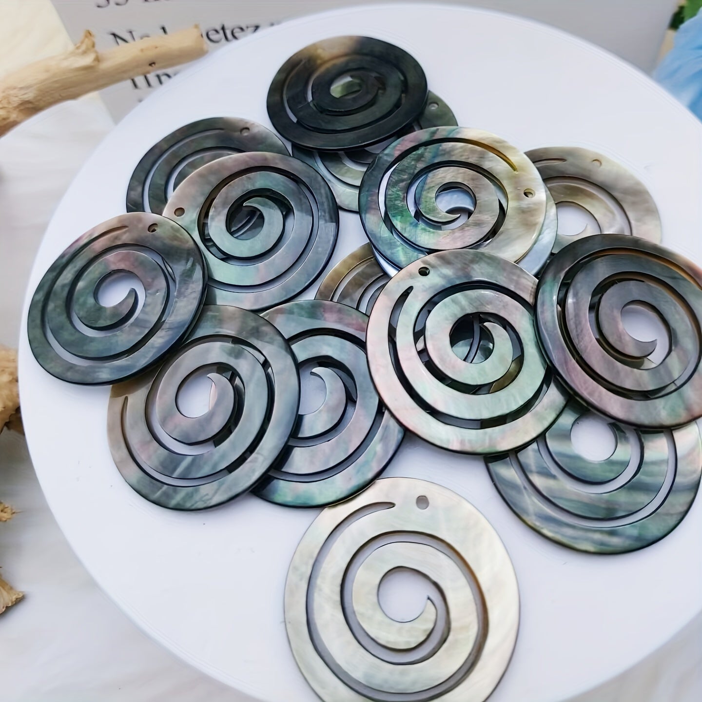 4pcs Natural Black Mother-of-Pearl Shell Charms | Hand Carved Hollow Out Spiral Pendants for Jewelry Making, Hawaiian Ocean Style with Intricate Swirl Patterns and Textured Surface - Perfect for Daily Wear or Vacation Accessorie