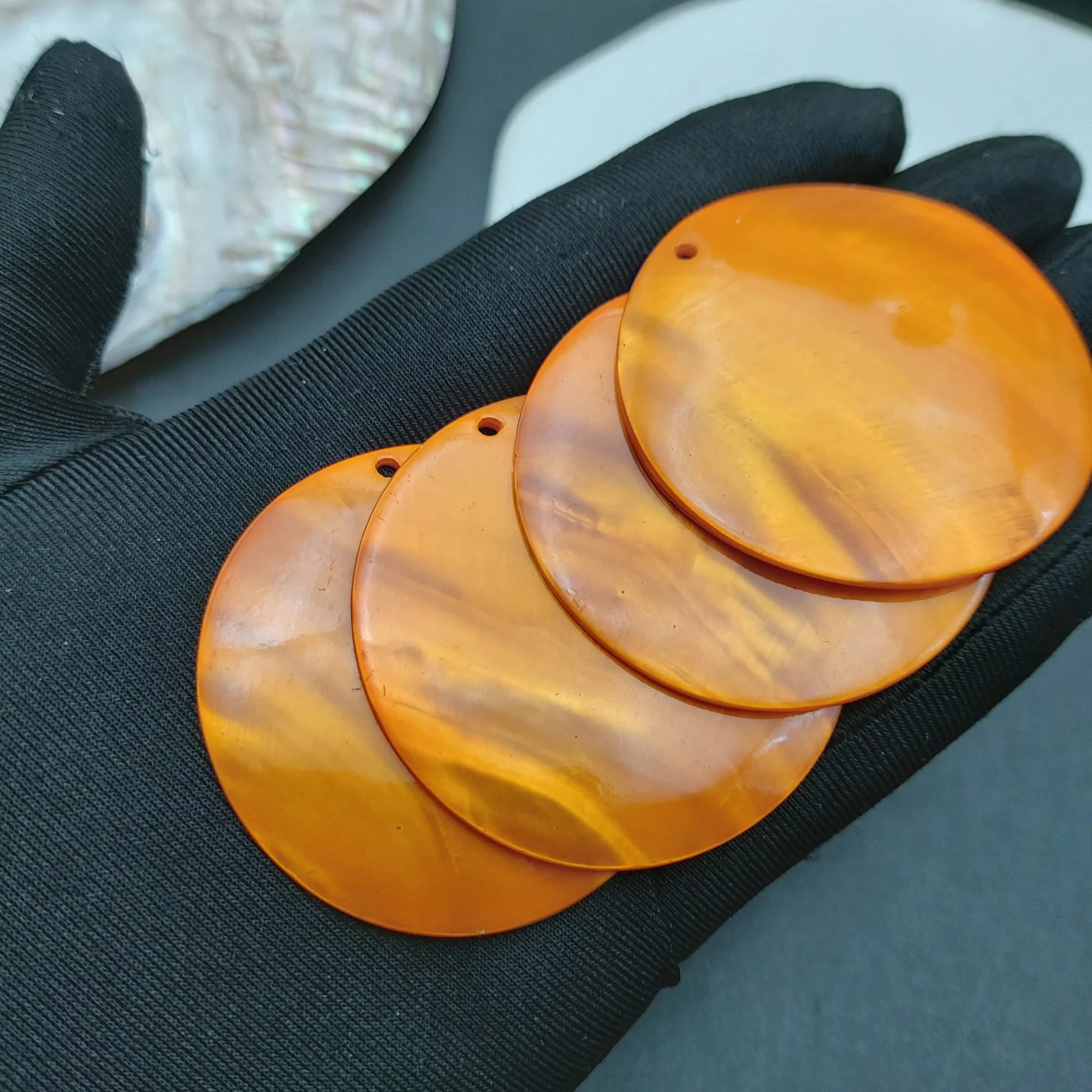 4pcs Hand Carved Orange Natural Shell Round Pendant | 50mm Tropical Island Jewelry for Earrings DIY